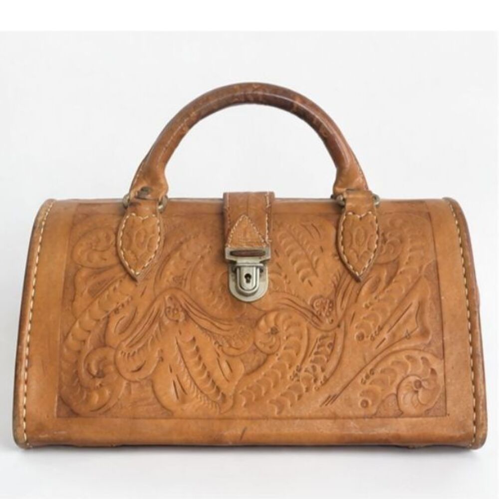 Vintage Hand Tooled Leather Satchel Floral Western Briefcase Tan Brown